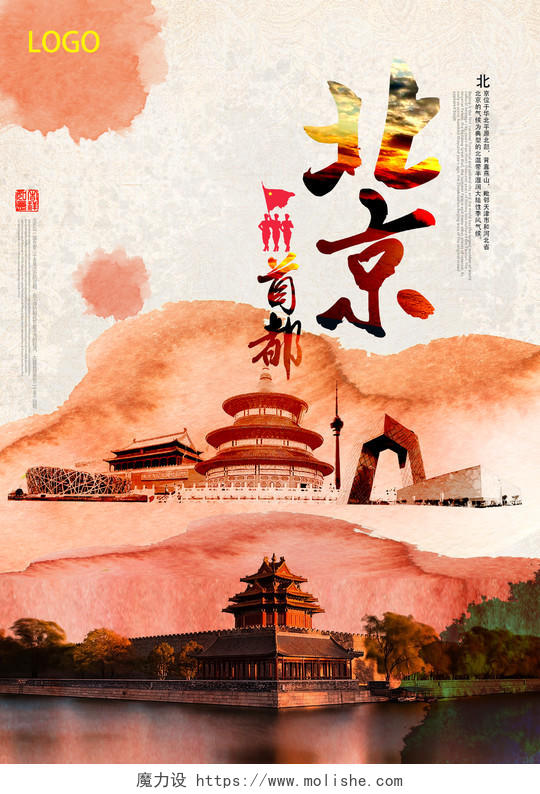 黄色水墨风北京首都北京旅游海报